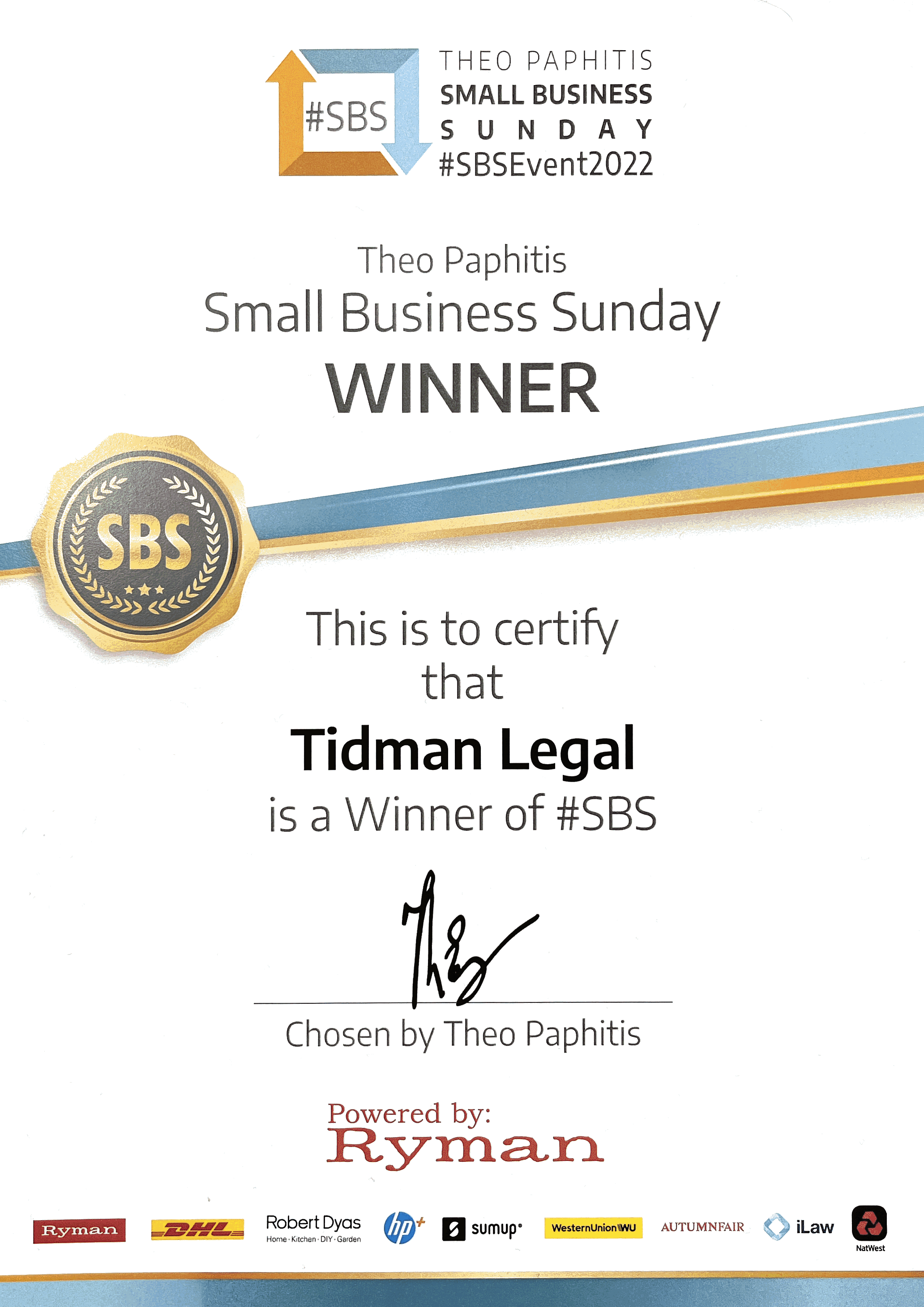 Theo Paphitis Award Feb 2022 Tidman wins Theo Paphitis Award